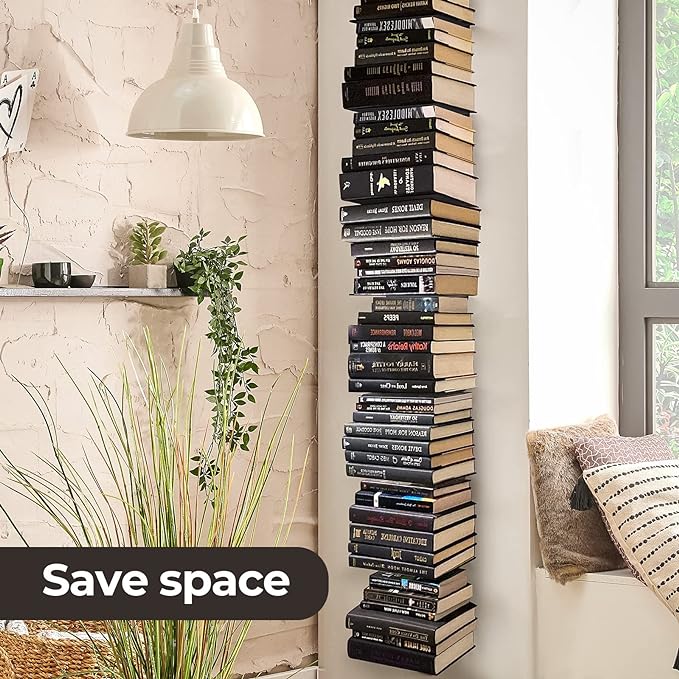 Floating Book Shelves for Wall, 4 Tier Invisible Floating Bookshelf, Vertical Spine Book Tower, Wall Mounted & Space Saving, Heavy Duty Metal Book Organizer for Home Office, 2 Pack White