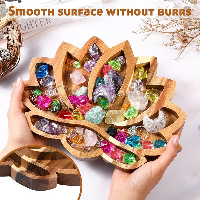 Vesici Lotus Crystal Tray for Stones Crystals and Healing Stones Flower Wooden Crystal Storage Holder Tray Lotus Shape Decorative Jewelry Display Trays Organizer Bowl Decor(Classic)