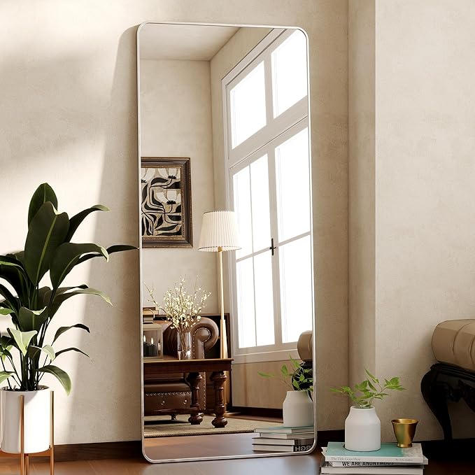 Silver Full Length Mirror 21 x 56 Inch Nano Floor Mirrors with Stand Rounded Corner Full Body Mirrors with Aluminum Alloy Frame for Bedroom Living Room Checkroom
