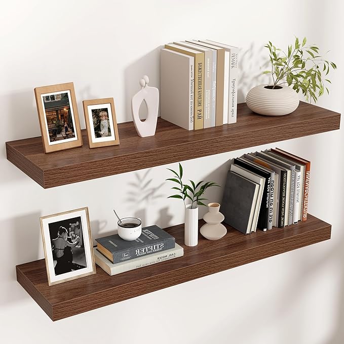 Venusmiles Floating Shelves for Wall, Engineered Wood Wall Shelves with Invisible Brackets for Living Room Bedroom Bathroom Office Kitchen Decor and Storage (Walnut, 36" W x 9" D x 1.5" H) Set of 2