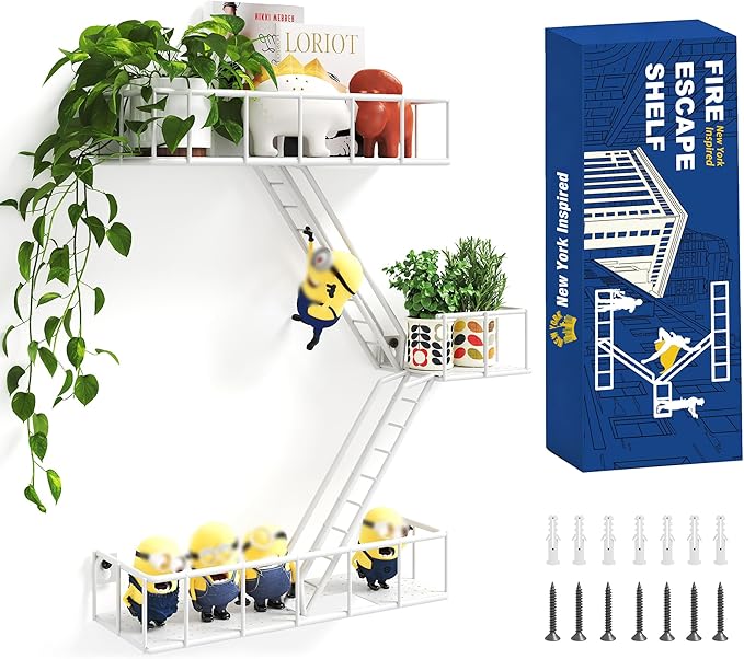 Fire Escape Shelf - 3 Tier Metal White Fire Escape Wall Shelves with Baskets, New York Action Figurine Display Shelf, Unique Rustic Floating Decorative Wall Shelves for Any Room