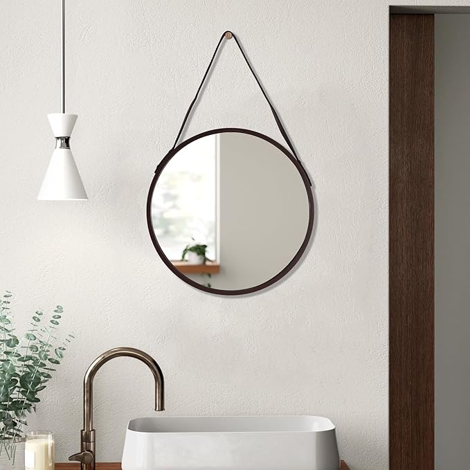 Brown Round Hanging Mirror, 11.8 Inch Farmhouse Mirror with Leather Hanging Rope for Bathroom, Bedroom, Living Room, Entryway Home Decor. (Brown, S-11.8in)