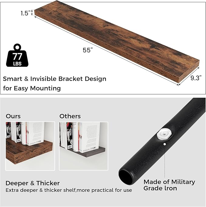 Venusmiles Floating Shelves for Wall, Engineered Wood Wall Shelves with Invisible Brackets for Living Room Bedroom Bathroom Office Kitchen Decor and Storage (Brown, 55" W x 9" D x 1.5" H) Set of 1