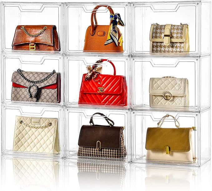 Purse Organizer for Closet,Clear Acrylic Display Case for Handbag Organizer, Purse Storage Box with Magnetic Door, Plastic Storage Bins for Book, Collectibles, Cosmetic (9 Pack)