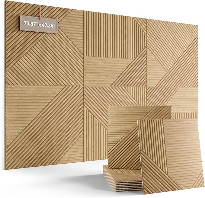 Fluxynara Large Felt Bulletin Board,Cork Board Alternative 70.87'' x 47.24'' Art Acoustical Wall Panels-6 Pack with 60 Adhesive Tabs,for Recording Studio/Home Offices-Natural Oak/Crossing Lines