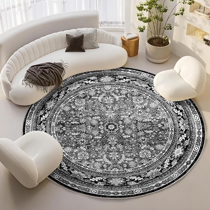 OPPODREAM Vintage Black Round Rug 6ft, 6 ft Retro Washable Circle Rug Non Slip, Low-Pile Faux Wool Circular Carpet, Distressed Floor Mat for Living Room, Bedroom, Office, Dorm, Dinning Room