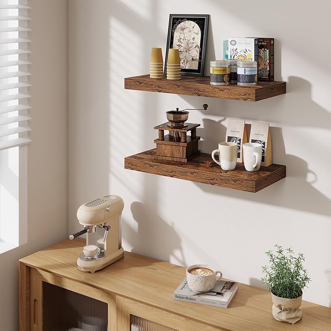 Fun Memories 24 Inch Floating Shelves Wall-Mounted, 10 Inch Deep Wall Shelves, 24 x 10 Floating Shelf for Living Room Bathroom Bedroom, Rustic Brown, Set of 2