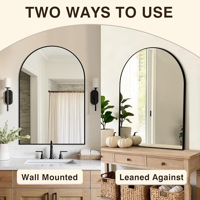 Vanity Bathroom Mirror for Wall, 2 Pack 36”x24” Arched Bathroom Mirror for Over Sink, Arched Metal Frame for Bedroom, Living Room, Entryway, Hanging or Leaning, Black