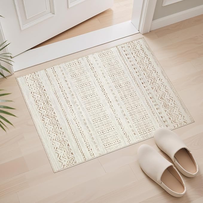 cotiled Washable 2x3 Entryway Rug: Washable Boho Rugs with Non Slip Backing Small Soft Indoor Stain Resistant Carpet for Kitchen Front Lightweight Home Decor Brown/Cream
