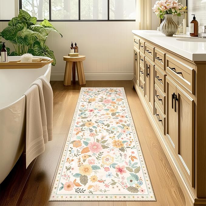 RELEANY Floral Nursery 2x8 Area Rugs Washable Print Boho Cute Carpet Non Slip Flower Low Pile for Living Room Kids Girls Playroom Bedroom Kitchen Office Farmhouse-Beige/White/Orange