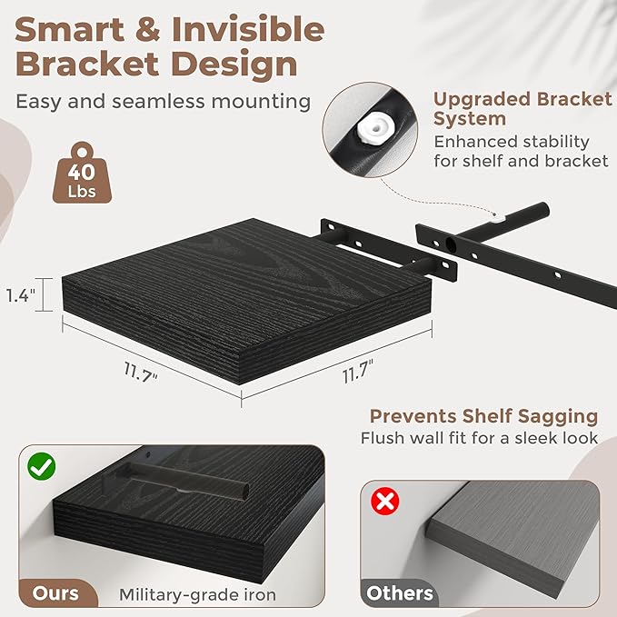 12 Inch Floating Shelves for Wall with Invisible Brackets Set of 3, 12"D Engineered Wood Wall Shelves with Wood Grain for Living Room, Bedroom, Bathroom, Kitchen Decor and Storage, Black Finish