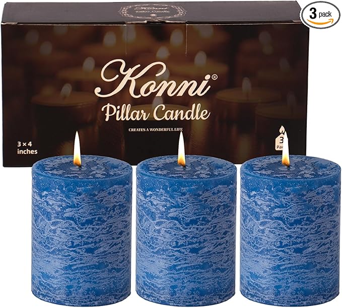 KONNI Blue Pillar Candles Set of 3, 3"x 4" Unscented Pillar Candles Bulk, 39 Hours Long Burning Candles, Smokeless & Dripless Round Candle for Wedding, Home Decoration, Parties, Spas, Dinner