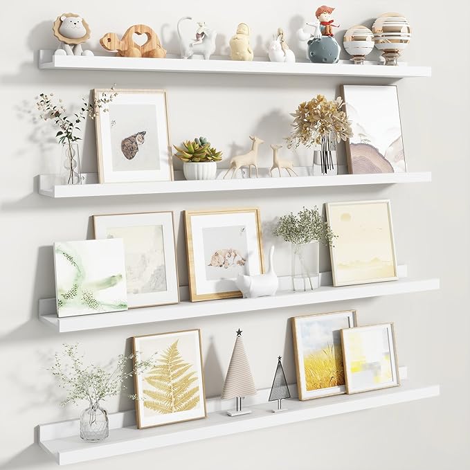 Fun Memories Picture Ledge Shelf, White Floating Shelves Set of 4, 40 Inch Picture Shelves for Wall with Ledge, Large Nursery Book Shelf for Toys Storage, Living Room, Bedroom Decor Frames