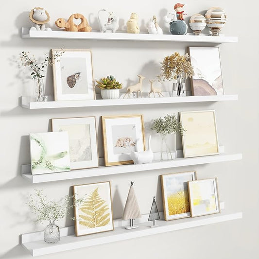 Fun Memories Picture Ledge Shelf, White Floating Shelves Set of 4, 40 Inch Picture Shelves for Wall with Ledge, Large Nursery Book Shelf for Toys Storage, Living Room, Bedroom Decor Frames