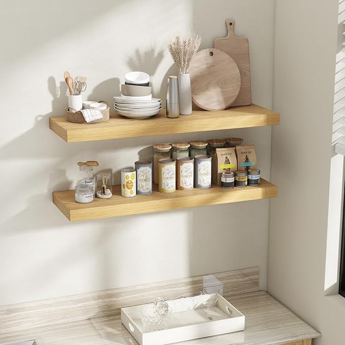 Fun Memories 12 Inch Deep Floating Shelves, 40 x 12 Floating Shelves for Wall Set of 2, Extra Deeper Hanging Wood Wall Shelves for Bedroom, Living Room, Kitchen, Oak