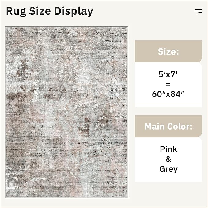 Soalmost Abstract Rug 5x7 Machine Washable Area Indoor Pink Grey Low Pile Non-Slip Foldable Thin Accent Gray Rugs for Bedroom Living Room Dining Room