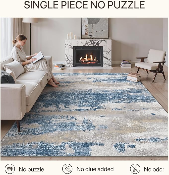 GENIMO No Crease Non Slip 8x10 Area Rugs for Living Room, Craft Woven Modern Rug, Soft Floor Carpet, Single-Piece Rugs for Bedroom, Dining Room, Office, Blue