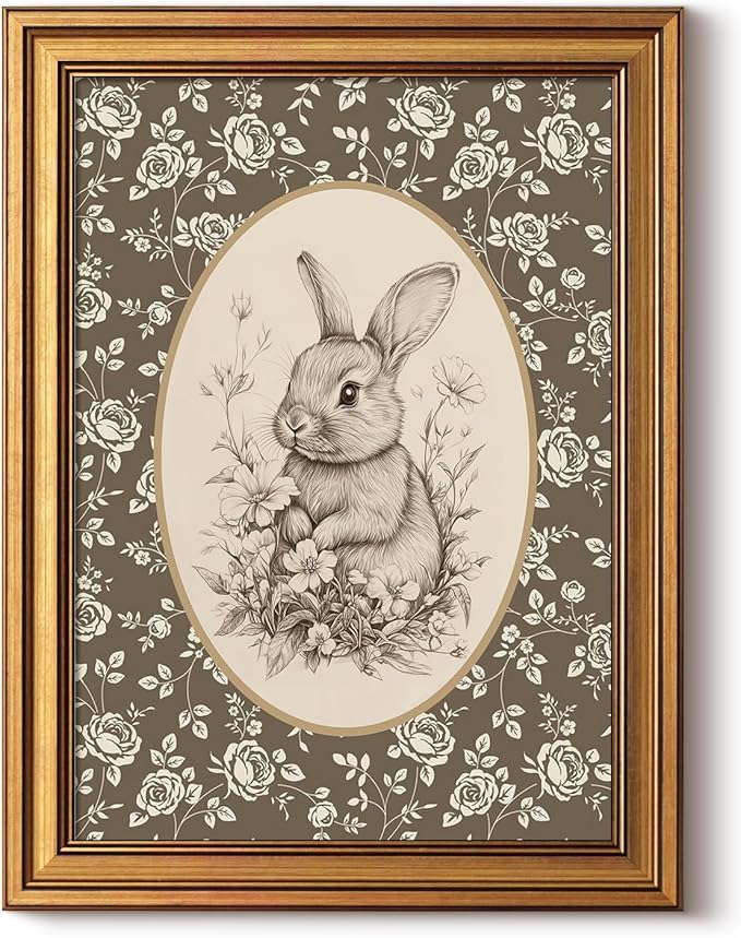 InSimSea Gold Framed Canvas Prints Wall Art, Vintage Nursery Decor, Vintage Rabbit Bunny Sketch Paintings Farmhouse Wall Decor Aesthetic, Neutral Pictures for Bedroom Living Room Shelf, 12x16inch
