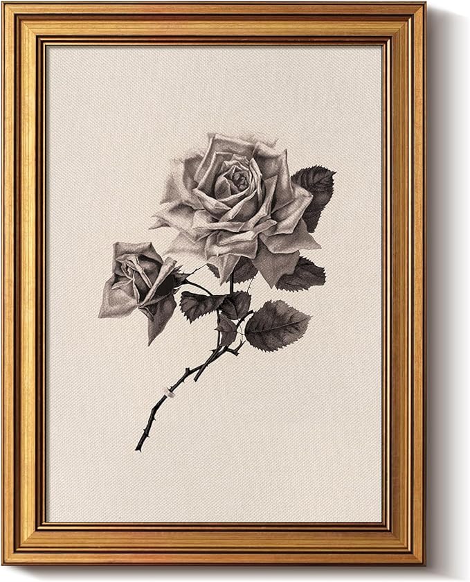 Bzstyleart Vintage Wall Art Decor for Living Room, Rose Flower Canvas Prints, Gold Framed Vintage Travel Wall Art, Sketch Painting Picture, Home Decor Aesthetic Kitchen Bathroom, New York, 12L x 16W