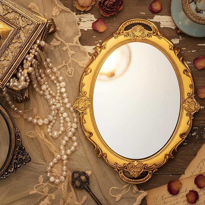 Beeveer 3 Style Vintage Mirrors Set Decorative Oval Wall Mirror Small Antique Mirrored Tray Decorative Hanging Mirror for Bathroom Bedroom Jewelry Organizer Victorian Decor (Shield,Gold)