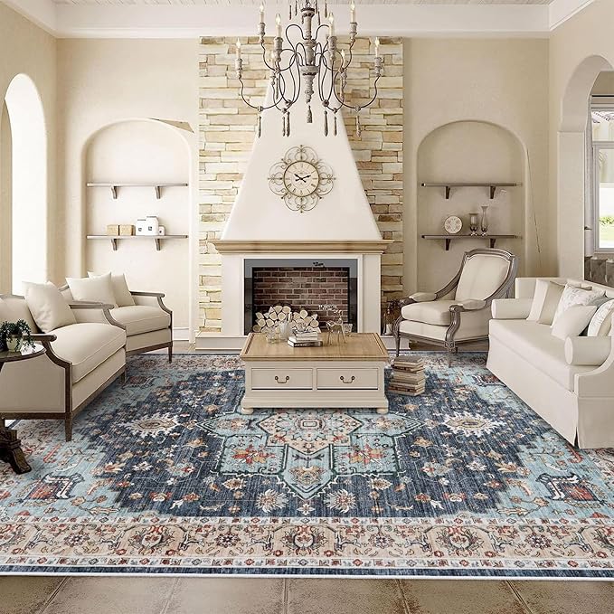 TOPRUUG Washable Oriental Area Rug - 10x12 Rugs for Living Room Soft Carpet for Bedroom Waterproof Floral Distressed Indoor Stain Resistant Non-Shedding Floor Carpets (Blue/Teal/Orange, 10x12)