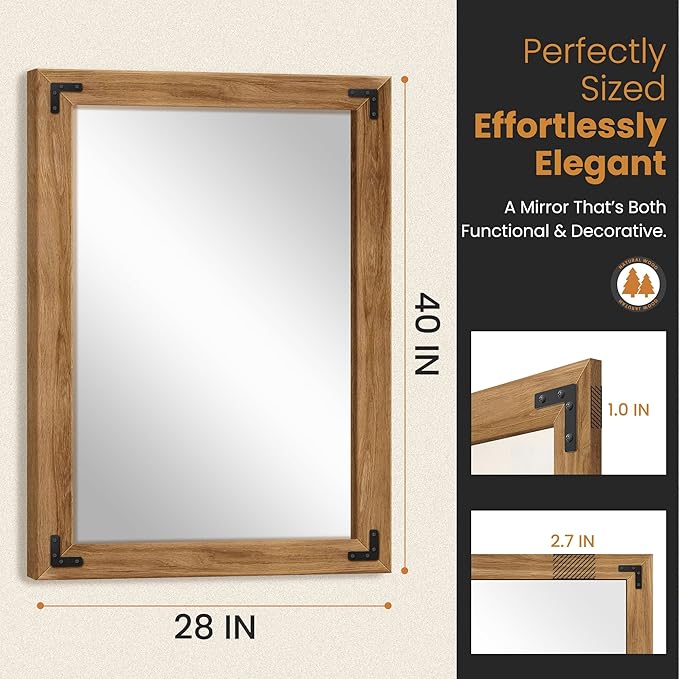 TRAHOME Full Length Mirror with Wooden Frame, 40"X28" Solid Wood Standing Floor Mirror for Farmhouse, Bathroom, Bedroom Decor, Hanging or Leaning Wall-Mounted