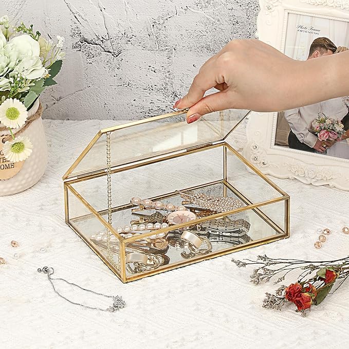 Glass Jewelry Box with Lid Golden Vintage Box with Mirror Base Decorative Case for Ring Earring Makeup Jewelry Display Organizer for Dresser, 7.3 x 5.3 x 2 Inch