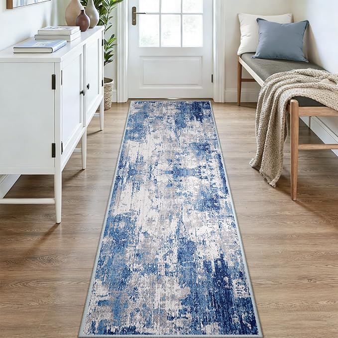 RELEANY Washable Area Rugs 3x9 Non-Slip Modern Abstract Soft for Living Room Entryway Bedroom Nursery, Print Pattern, Blue Grey Navy Gray