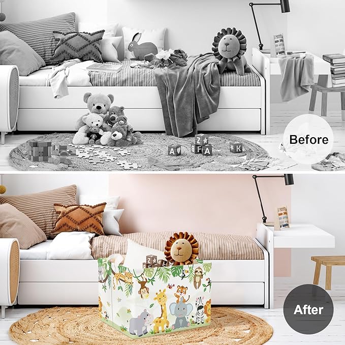 Clastyle Vine Animal Baby Storage Basket Swing Kid Laundry Hamper Boy Girl Gift Toy Box Collapsible Clothes Organizer Nursery Bin for Bedroom, Zebra Tiger Elephant, 40x30x30 cm