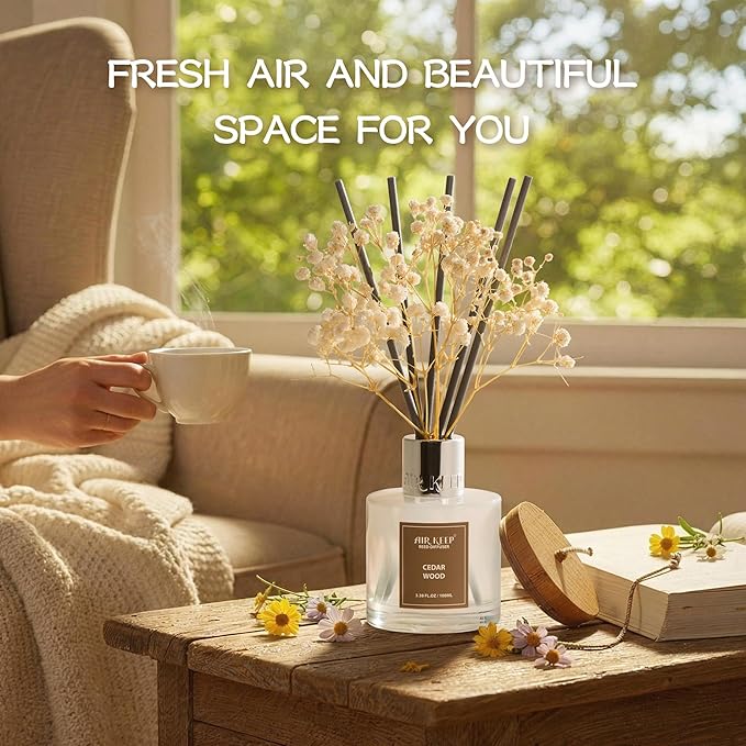 Airkeep Reed Diffuser Set,3.38 fl oz (100 ml) - Cedar Wood Oil Diffusers with 8 Reed Sticks, Home Fragrance Reed Diffuser for Bathroom Shelf Decor