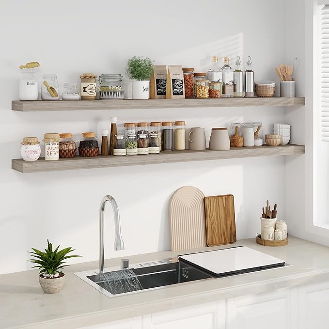 Fun Memories 72 Inch Floating Shelves, Wall Mounted Rustic Wood Floating Shelf with Invisible Brackets for Storage & Decor, 2 Pack Shelves for Bathroom,Bedroom and Kitchen, Grey