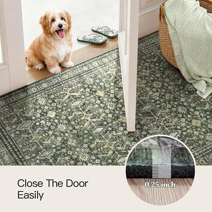 Lofus 2x5 Area Rug for Hallways,Green Washable Runner Rugs with Non Slip Rubber Backing, Low Pile Soft Carpet Runner for Kitchen Bathroom Bedroom Laundry