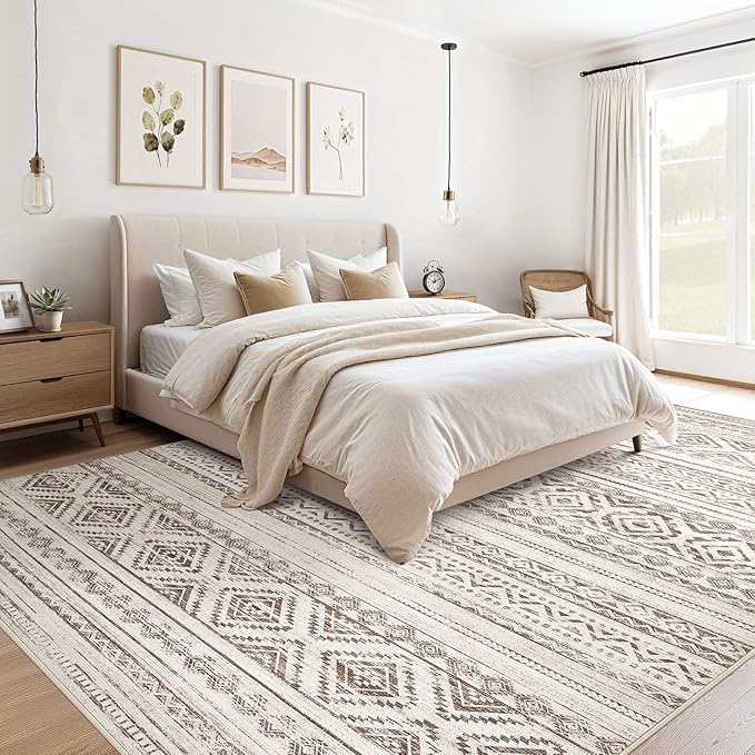 cotiled 10x14 Area Rug Living Room: Washable Boho Rugs with Non Slip Backing Large Soft Indoor Stain Resistant Carpet for Bedroom Farmhouse Dining Room Lightweight Home Decor Dark Brown