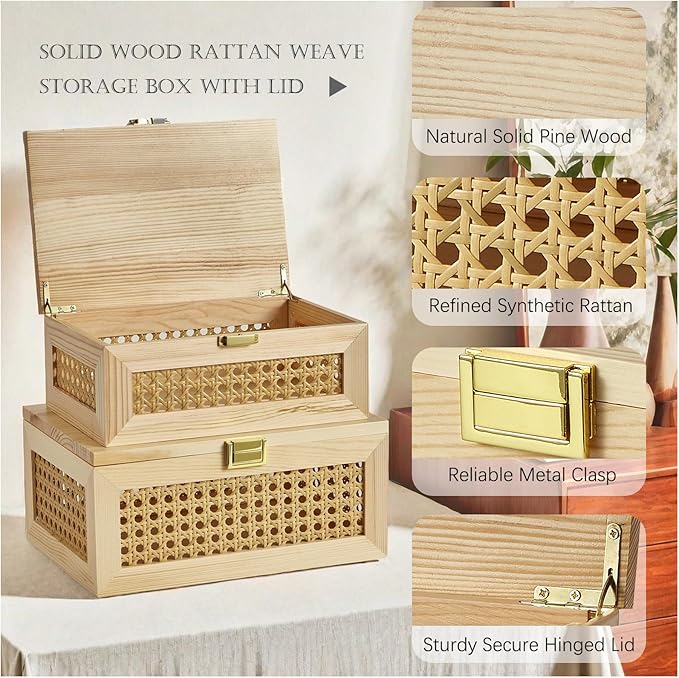 Decorative Rattan Storage Boxes Solid Wood Woven Baskets Bins with Lid Keepsake Memory Jewelry Box Natural Boho Shelf Wicker Closet Desk Organizer Container (Light Wood, Large Size)