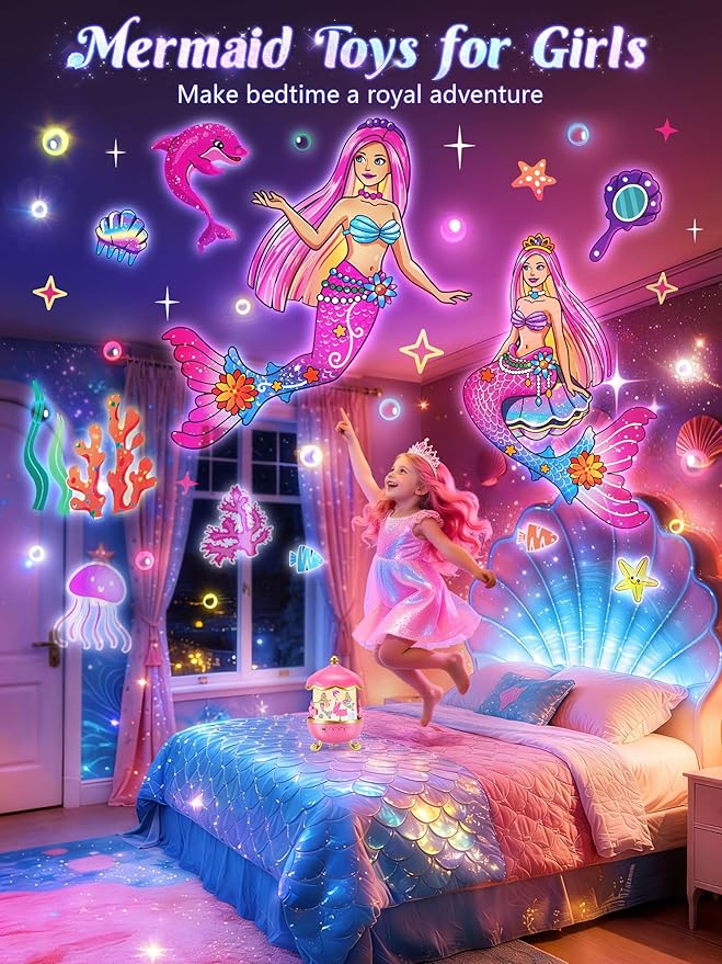 Little Mermaid Toys, 15 Soothing Sounds+18 Films+378 Colors Kids Night Light Projector, 360°+Remote+Cordless+Pink Mermaid Birthday Gifts for Girls, Princess Toys Princess Room Decor[Dreamy Packaging]
