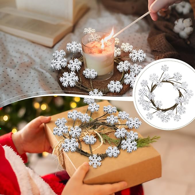Daifunli 2 Pcs Winter Candle Rings Snowflake Wreath Glitter Vintage Wood Wreaths for Pillar 3.9 Inch Frosty Candles Holder for Winter Christmas Xmas Wedding Home Rustic Table Centerpiece Decor