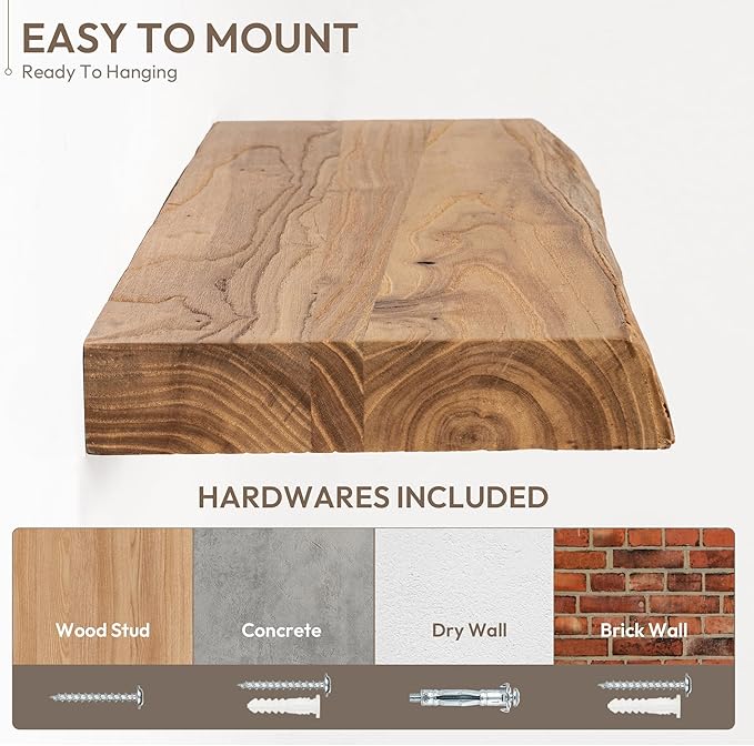 Marsmiles 40 inch Floating Shelves for Wall Elm Wood Live Edge Shelves Wall Mounted|Rustic Long Floating Shelves with Invisible Bracket for Bathroom Living Room Kitchen|Natural, 1 Pack