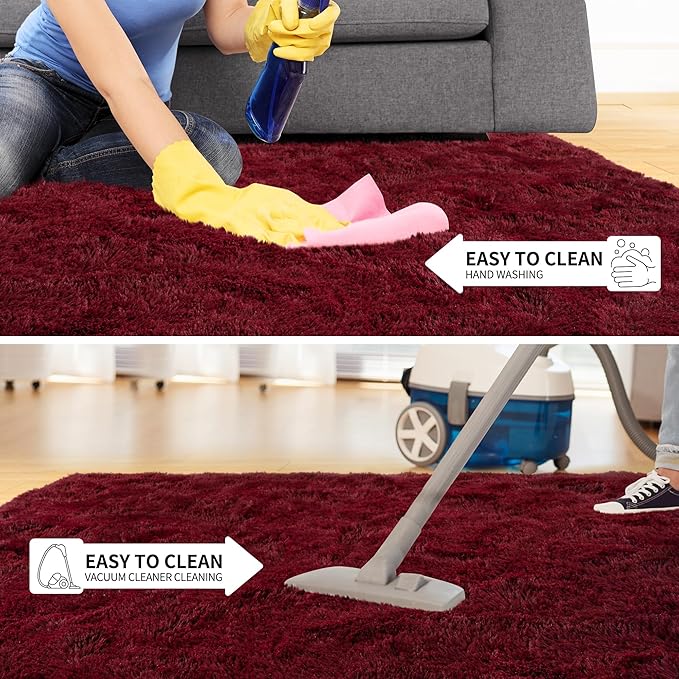 Tepook Fluffy Large Rugs for Living Room, 8x10 Area Rugs for Bedroom, Modern Shag Fuzzy Carpets for Kids Boys Girls, Plush Indoor Nursery Home Decor Rug with Non-Slip Bottom, Burgundy Red