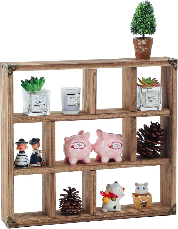 17.7x15.7-Inch Shadow Box Shelf 9-Slot Rustic Wood Floating Shelves Larger Shelf Lightweight Solid Wood Display(Set of 2,9C-Brown)