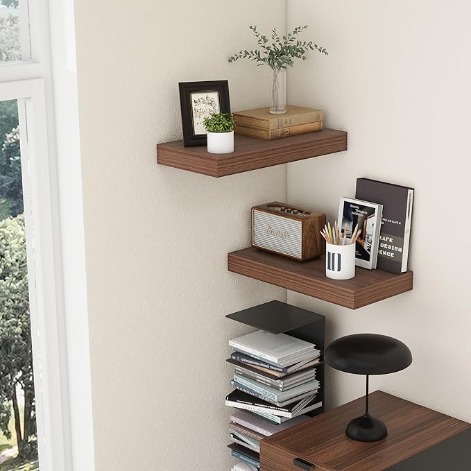 FLYJOE Deep Floating Shelves | 24 Inch Walnut Floating Shelves Set of 2 | 12 Inch Deep Rustic Wood Shelves for Wall | 24" W x 12" D Walnut Shelves for Living Room Bathroom Laundry Room Kitchen