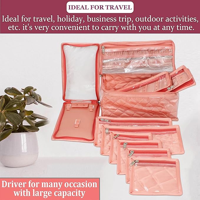 atorakushon Satin Transparent Makeup Pouches Case Cosmetic Necklace Earrings Jewellery Box Travel Organizer For Women Peach with 10 Pouch