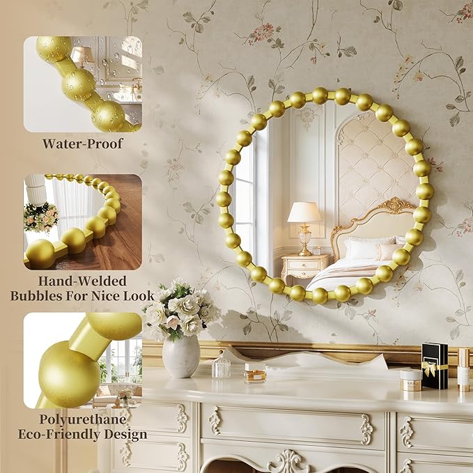 Round Vanity Mirror for Wall, 36 Inch Beaded Frame Circle Mirror for Bathroom, Bedroom Dresser, Entryway, Living Room, Decorative Hanging Wall Mirror, Gold