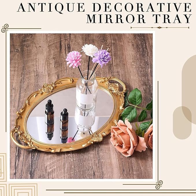 Reallnaive 2 Pcs Vintage Mirror Tray 15.3 x 9.45 Inch Decorative Antique Framed Mirror for Makeup Perfume Jewelry Organizer Serving Tray(Gold,Ornate)
