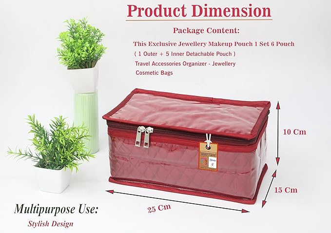 atorakushon Fabric Jewellery Organizer Make Up Kit with 5 Pouch (Maroon, Large)