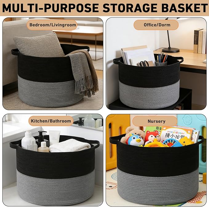 90L Large Blanket Basket, 21.7"x 21.7"x 13.8" Rope Woven Storage Basket with Handles, Laundry Hamper for Toys,Clothes,Pillows & Towels,Perfect for Living Room,Nursery & Bedroom,Black&Dark Grey
