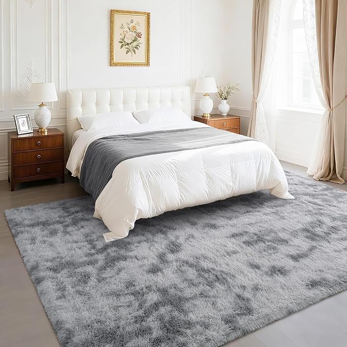 BENRON Fluffy Tie-dye Grey Rugs for Living Room Bedroom 4x6, Soft Plush Fuzzy Shaggy Rugs for Kids Girls Boys Room Decor, Washable Indoor Floor Carpets