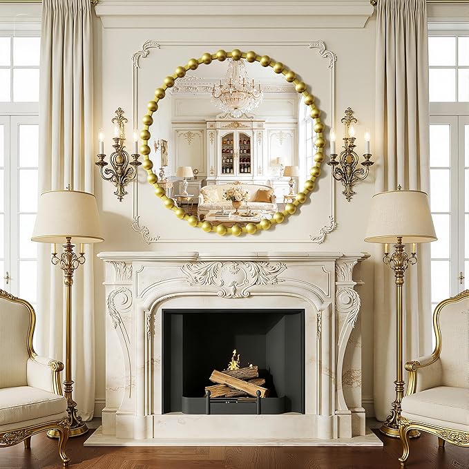 Round Vanity Mirror for Wall, 36 Inch Beaded Frame Circle Mirror for Bathroom, Bedroom Dresser, Entryway, Living Room, Decorative Hanging Wall Mirror, Gold