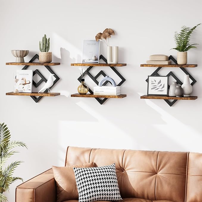 ELYKEN Floating Shelves for Wall, Set of 3 Hanging Shelves, 2-Tier Wall Mounted Storage Shelves for Books & Decor, Perfect for Living Room, Bedroom, Kitchen, Home Office, Study, Rustic Brown