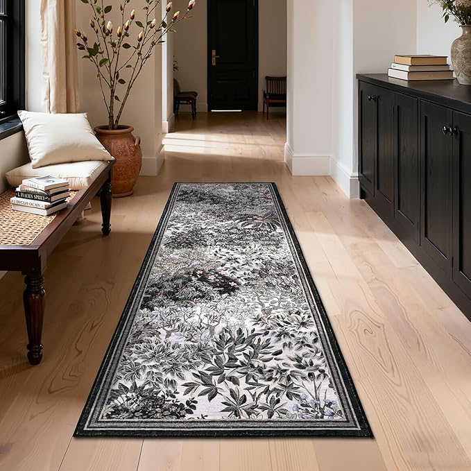 GarveeHome Forest Runner Rug, Blue Grey Washable Runner Rug 2x6 for Kitchen, Botanical Low Pile Non Slip Stain Resistance Woodland Hallway Rug for Entryway Bedroom Laundry Room