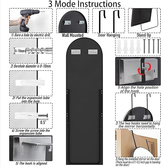 SCWF-GZ 57x16 Door Hanging Full Length Mirror, Floor Stand (Height 5.7ft just Body in1.3ft) / Wall Mounted Metal Frame Arch Dressing Mirrors for Bedroom Living Room 57 inch Black